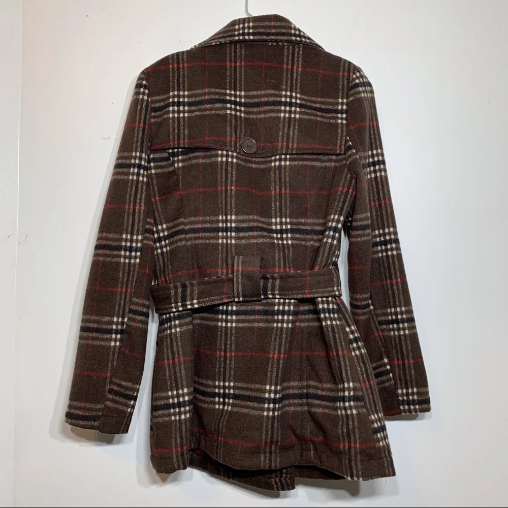 Brown Plaid Wool Blend Double Breasted Peacoat Winter Trench Coat Small